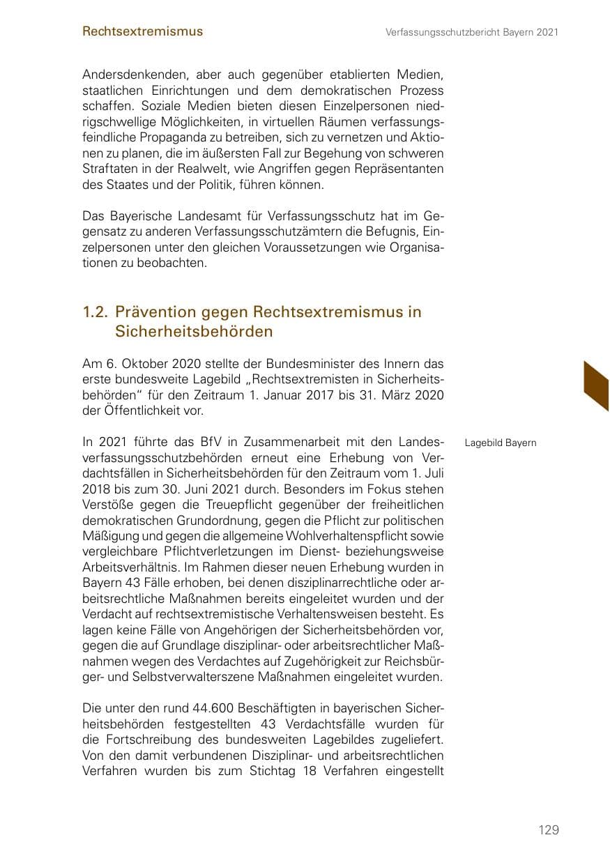 Seite 129 des Verfassungsschutzbericht 2021 Bayern