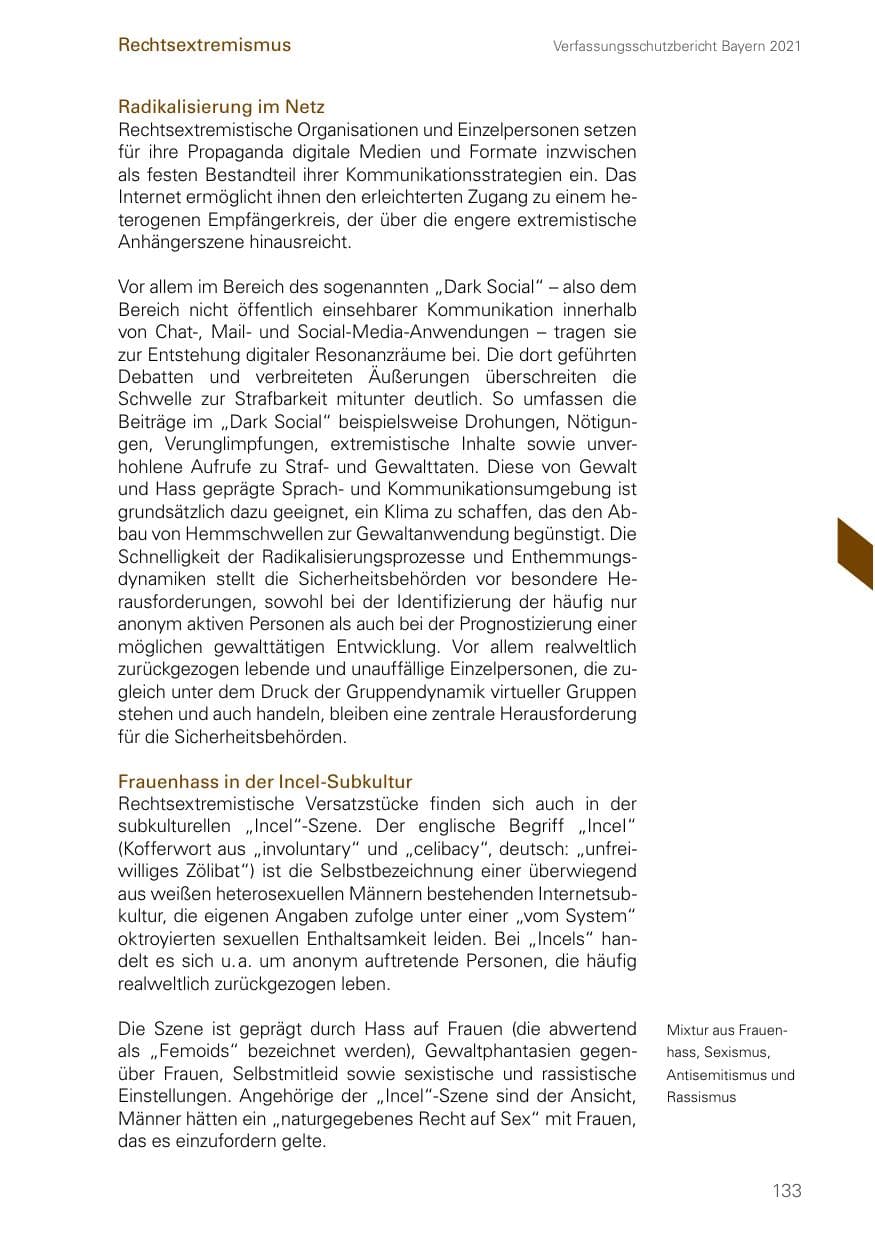 Seite 133 des Verfassungsschutzbericht 2021 Bayern