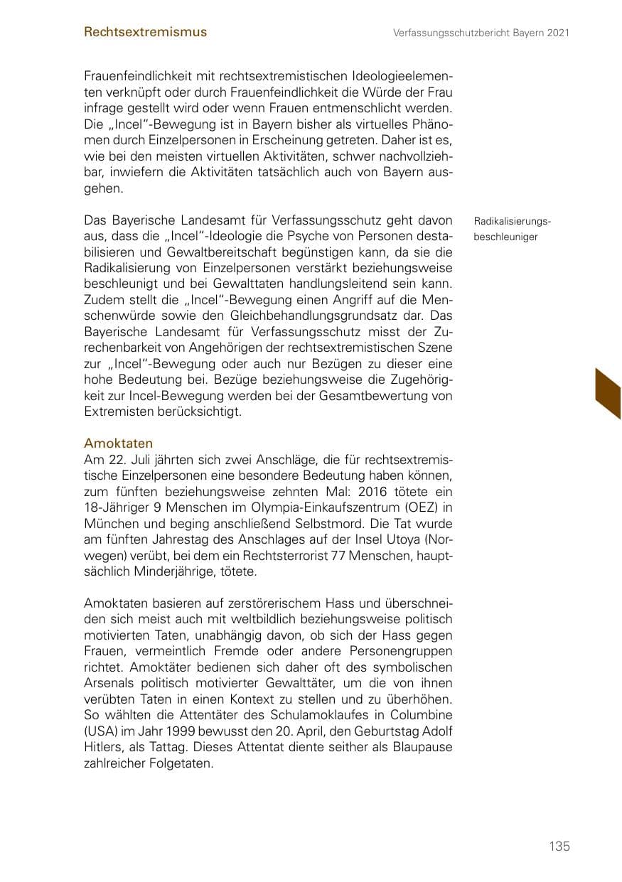 Seite 135 des Verfassungsschutzbericht 2021 Bayern