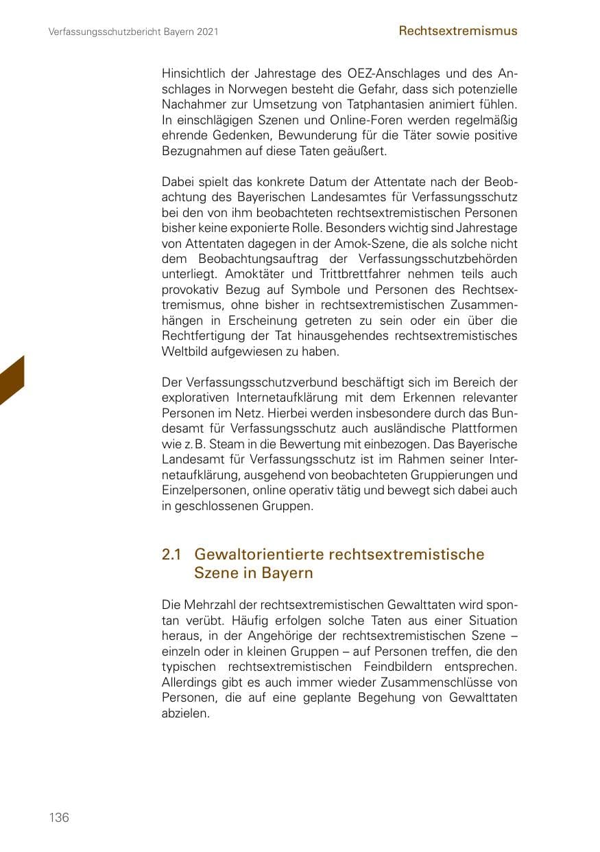 Seite 136 des Verfassungsschutzbericht 2021 Bayern