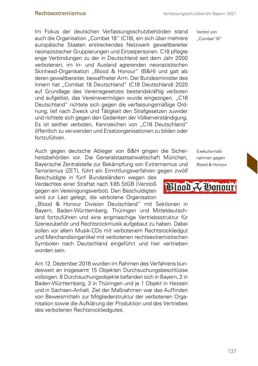 Seite 137 des Verfassungsschutzbericht 2021 Bayern
