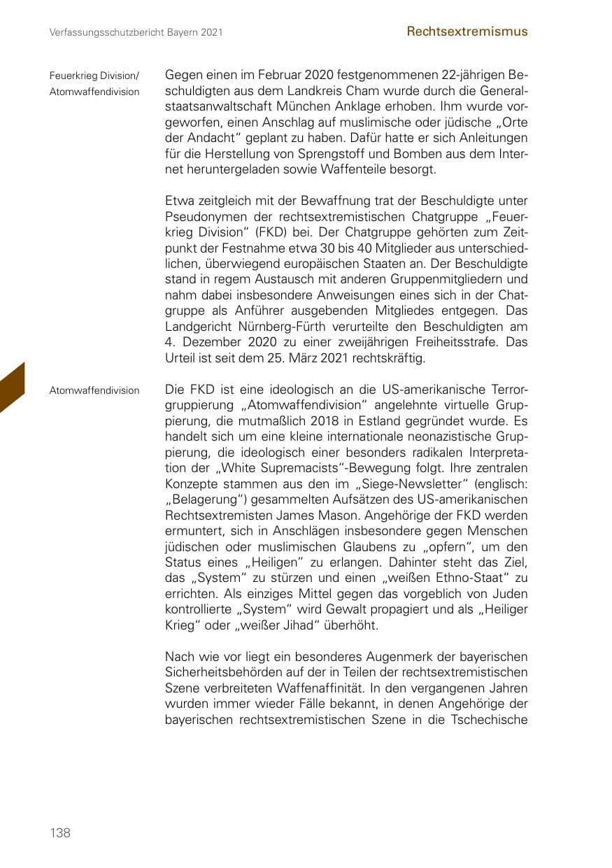 Seite 138 des Verfassungsschutzbericht 2021 Bayern
