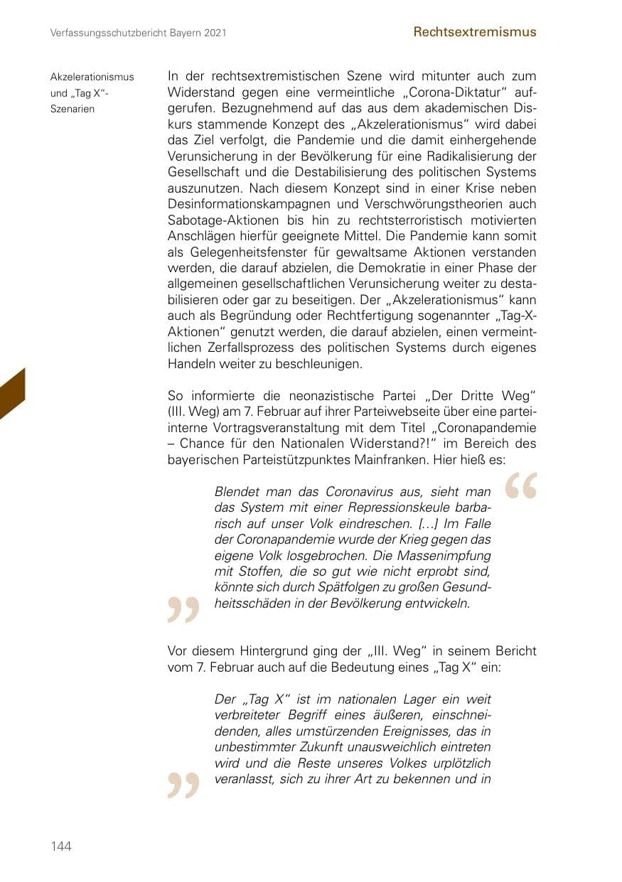 Seite 144 des Verfassungsschutzbericht 2021 Bayern