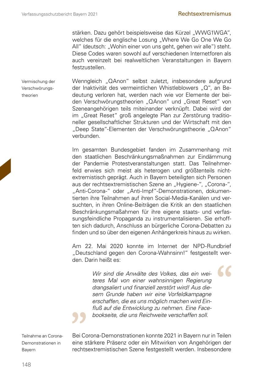 Seite 148 des Verfassungsschutzbericht 2021 Bayern