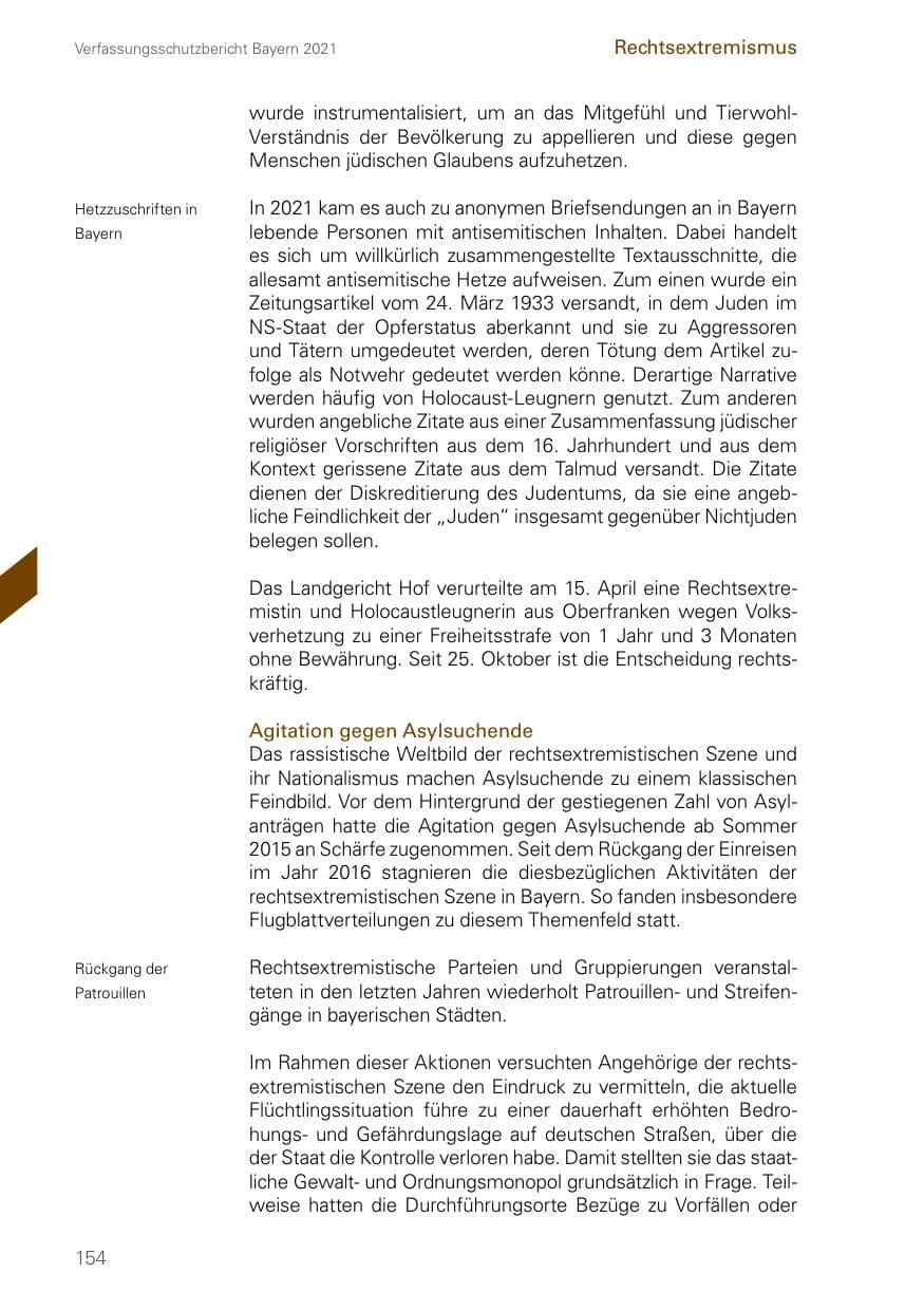 Seite 154 des Verfassungsschutzbericht 2021 Bayern