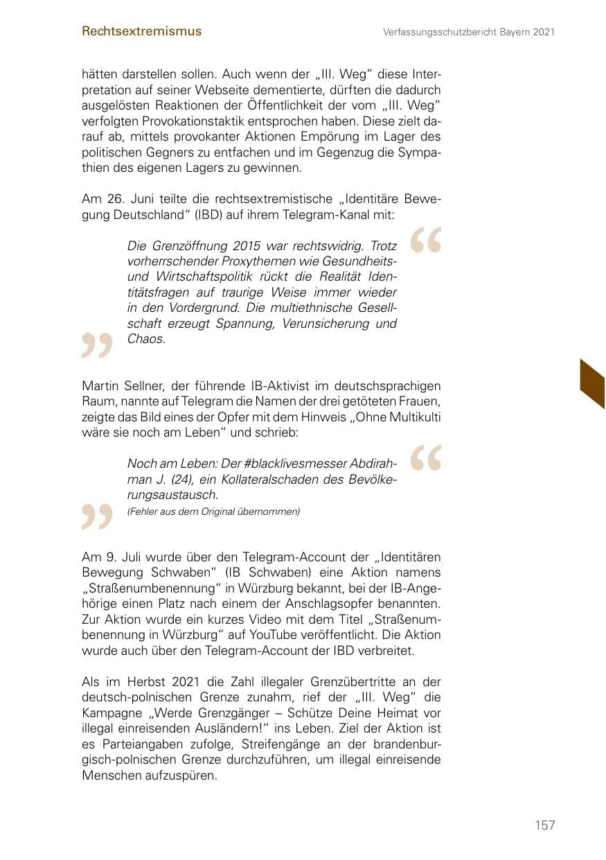 Seite 157 des Verfassungsschutzbericht 2021 Bayern