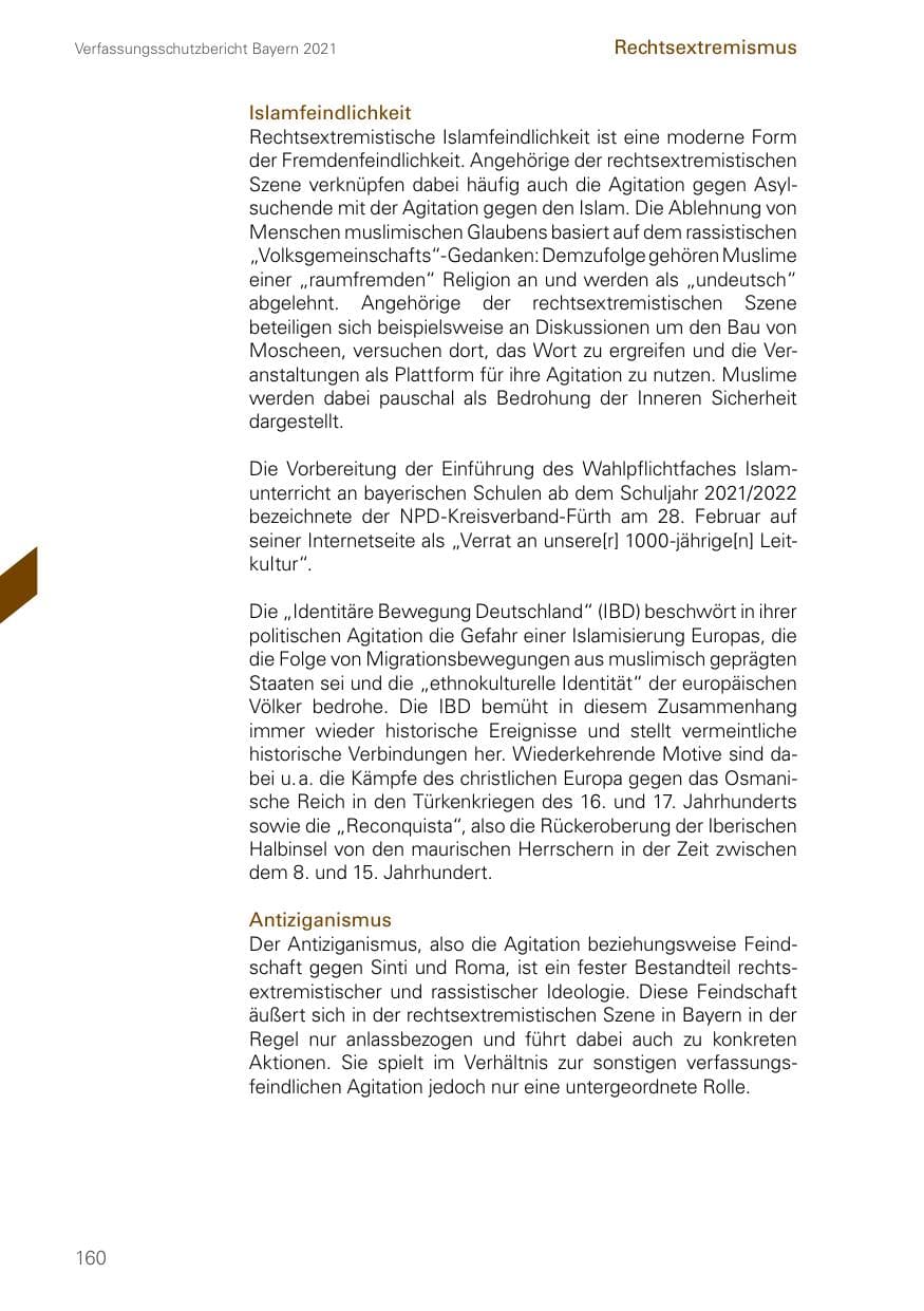 Seite 160 des Verfassungsschutzbericht 2021 Bayern