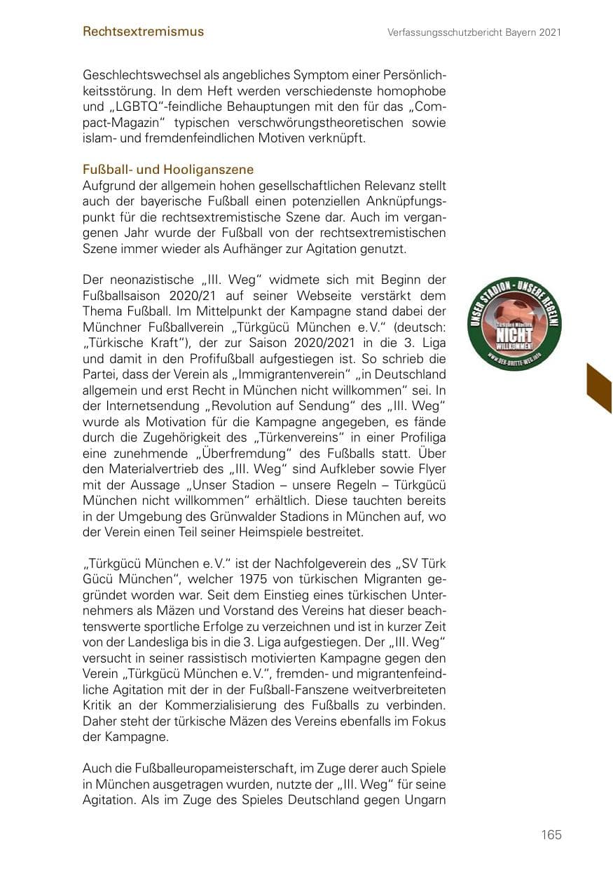 Seite 165 des Verfassungsschutzbericht 2021 Bayern