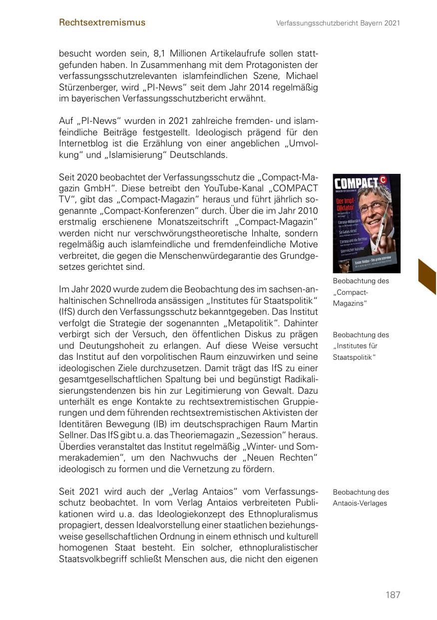 Seite 187 des Verfassungsschutzbericht 2021 Bayern