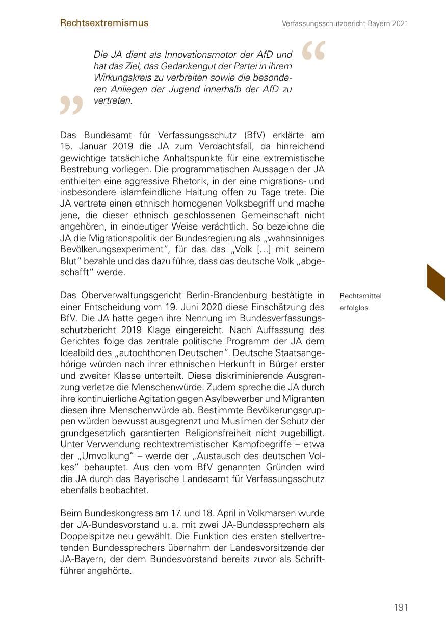Seite 191 des Verfassungsschutzbericht 2021 Bayern