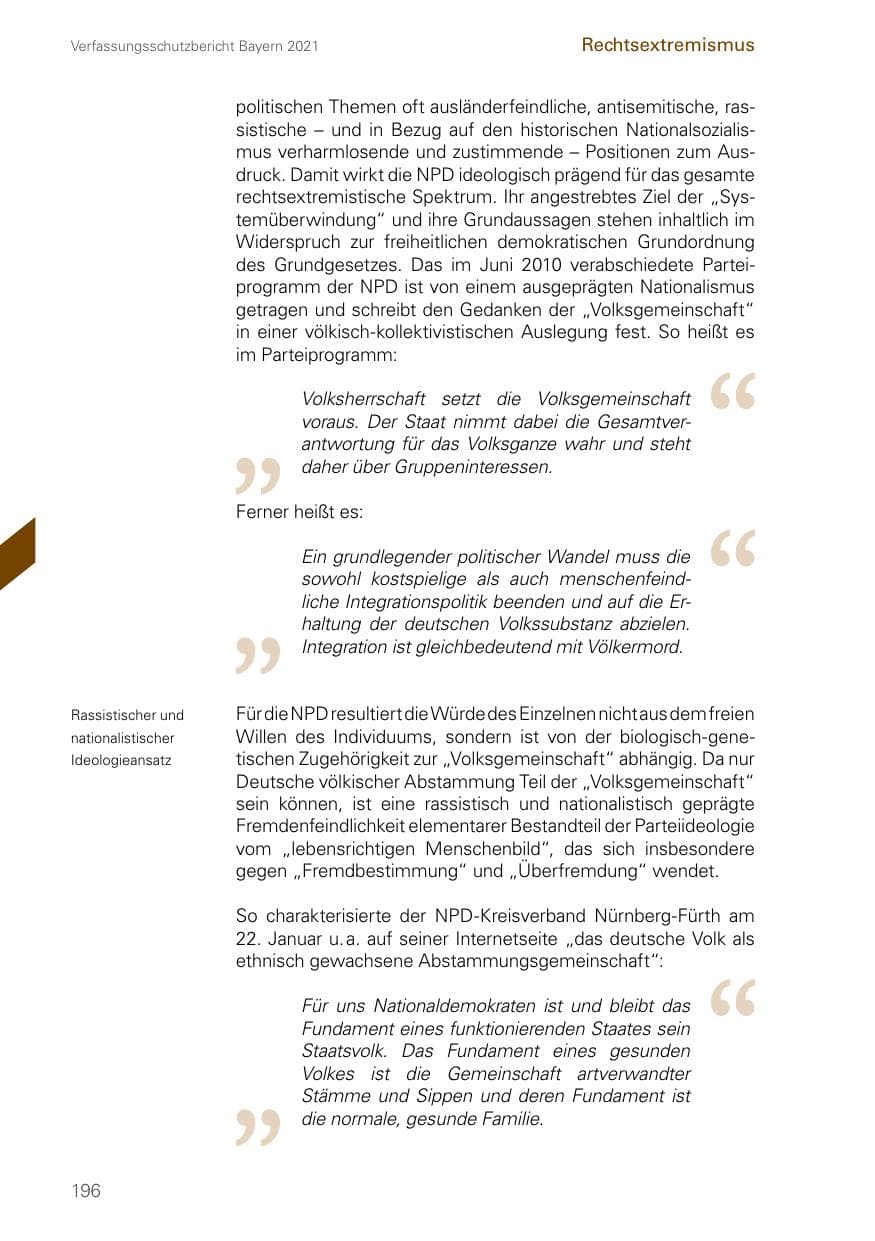 Seite 196 des Verfassungsschutzbericht 2021 Bayern
