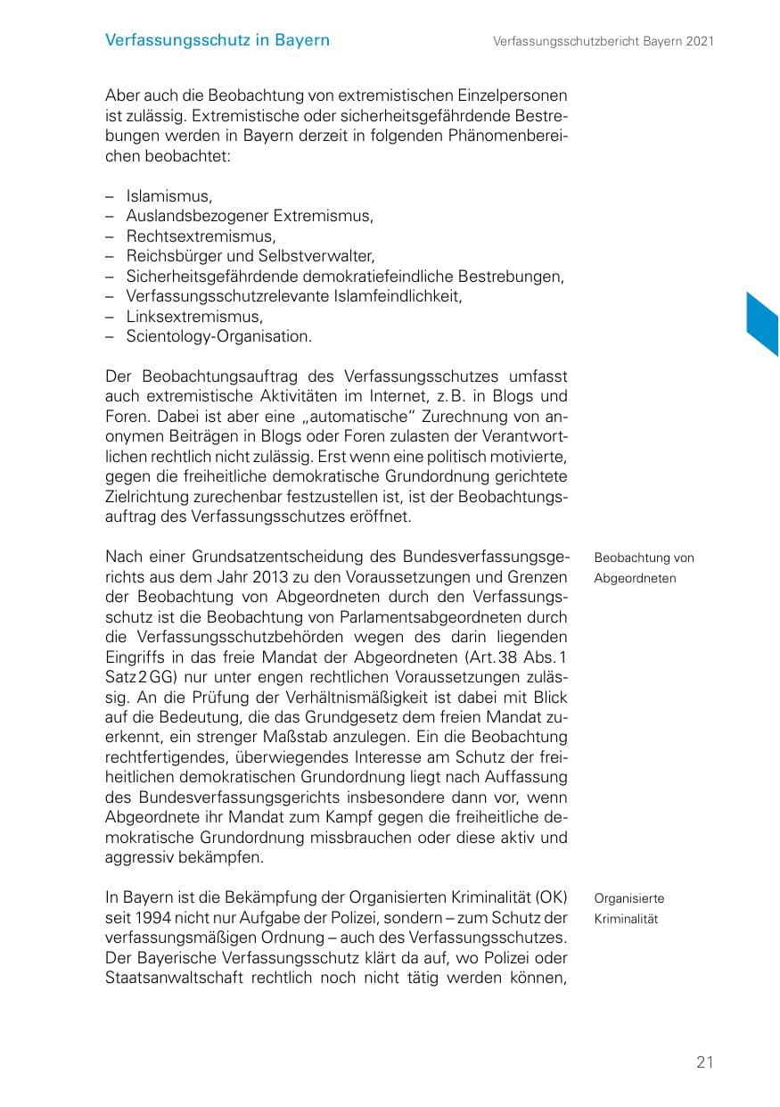 Seite 21 des Verfassungsschutzbericht 2021 Bayern