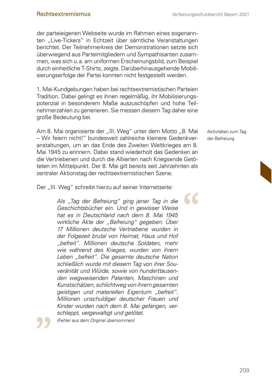 Seite 209 des Verfassungsschutzbericht 2021 Bayern