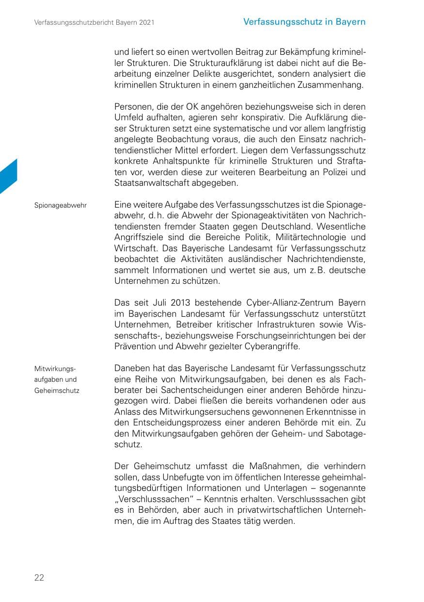 Seite 22 des Verfassungsschutzbericht 2021 Bayern