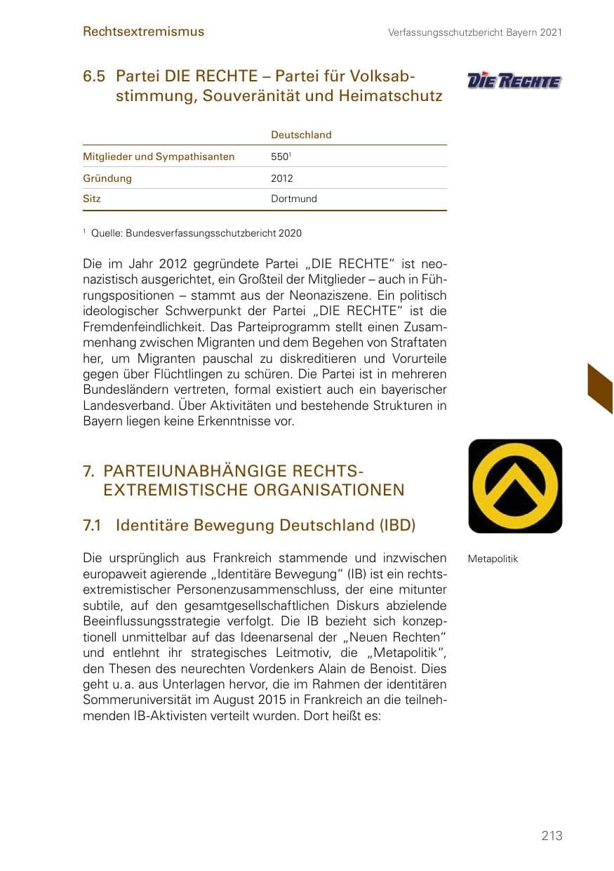 Seite 213 des Verfassungsschutzbericht 2021 Bayern