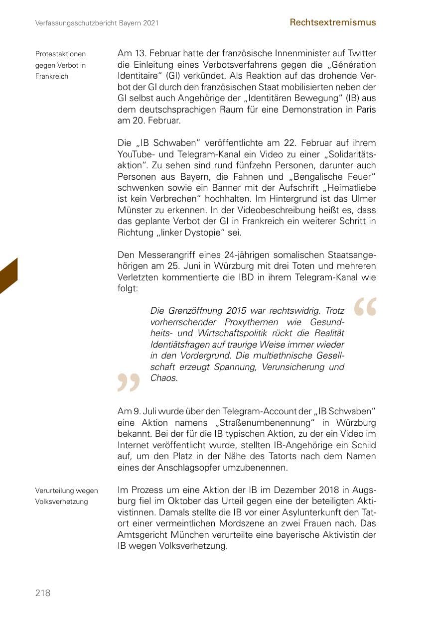 Seite 218 des Verfassungsschutzbericht 2021 Bayern