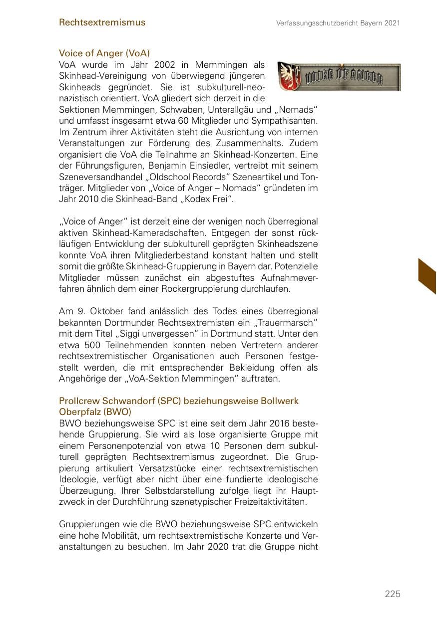 Seite 225 des Verfassungsschutzbericht 2021 Bayern