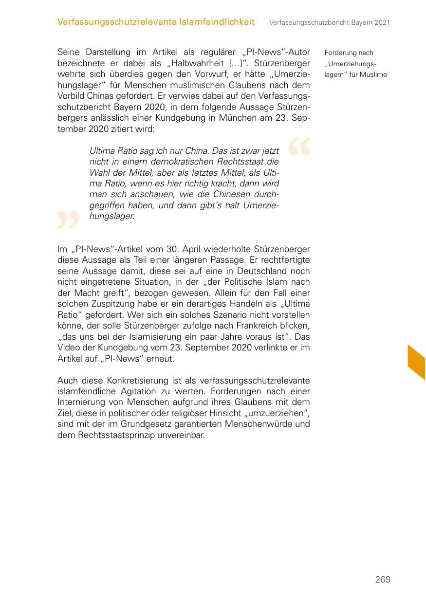 Seite 269 des Verfassungsschutzbericht 2021 Bayern