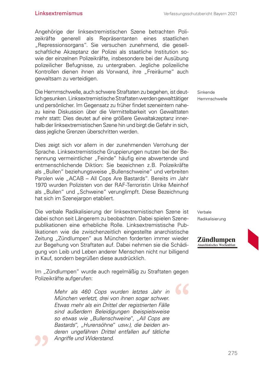 Seite 275 des Verfassungsschutzbericht 2021 Bayern