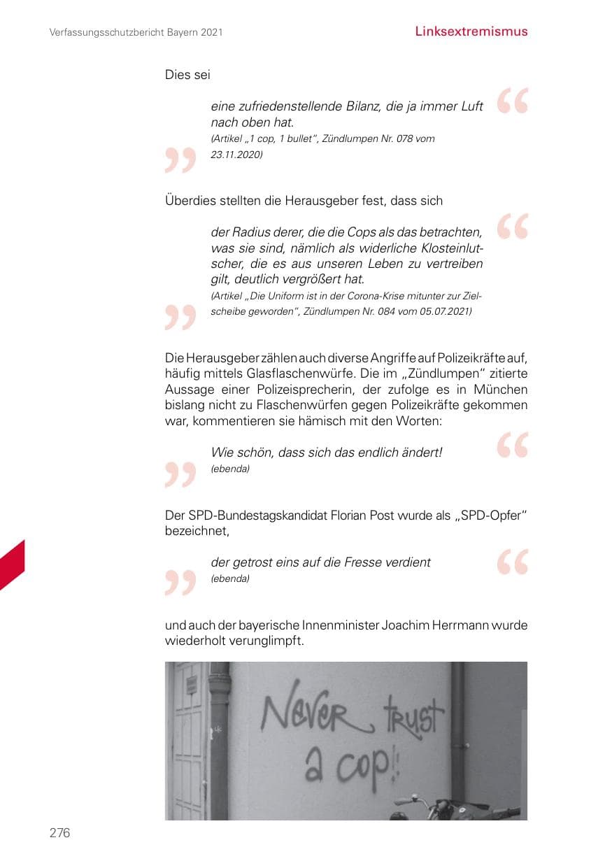 Seite 276 des Verfassungsschutzbericht 2021 Bayern