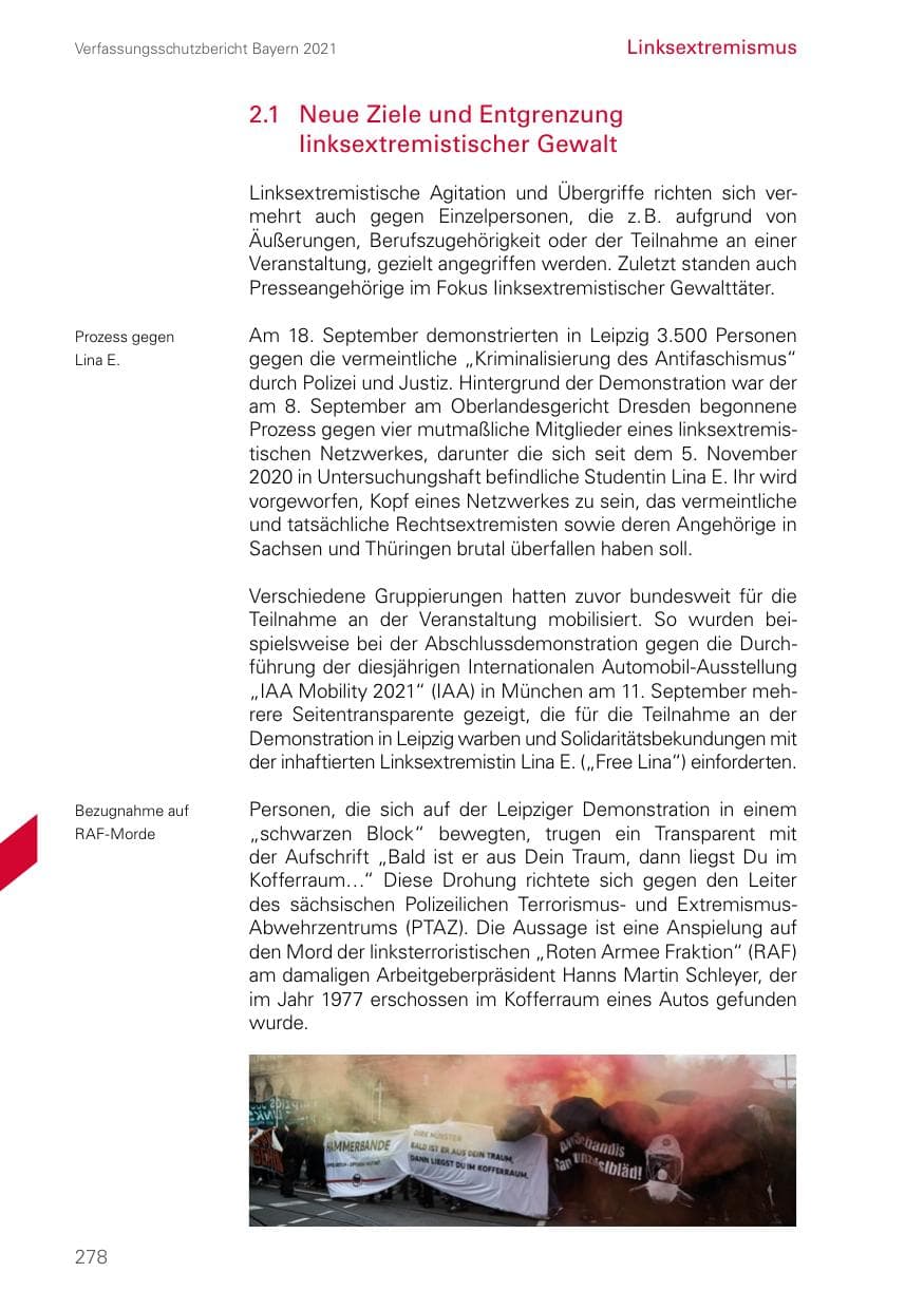 Seite 278 des Verfassungsschutzbericht 2021 Bayern