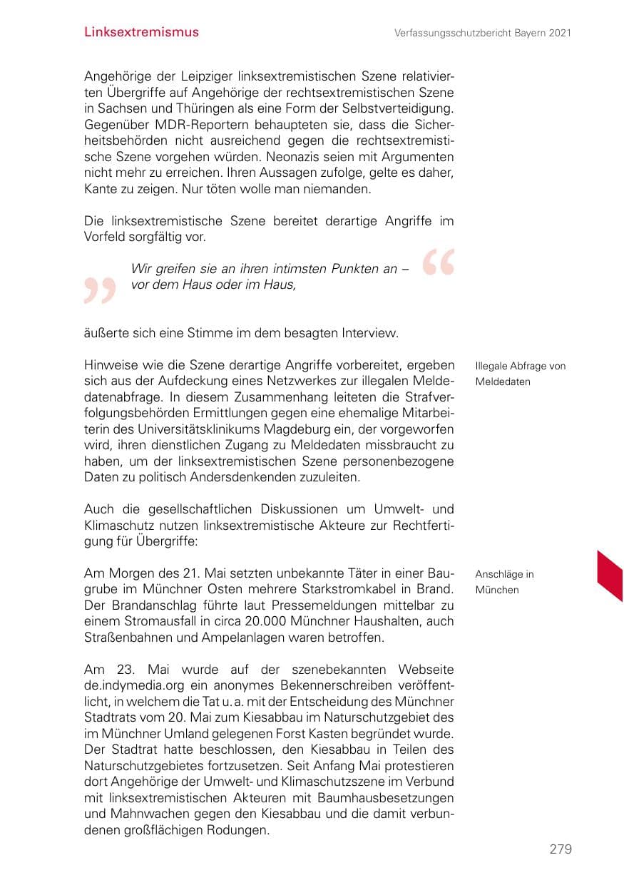 Seite 279 des Verfassungsschutzbericht 2021 Bayern