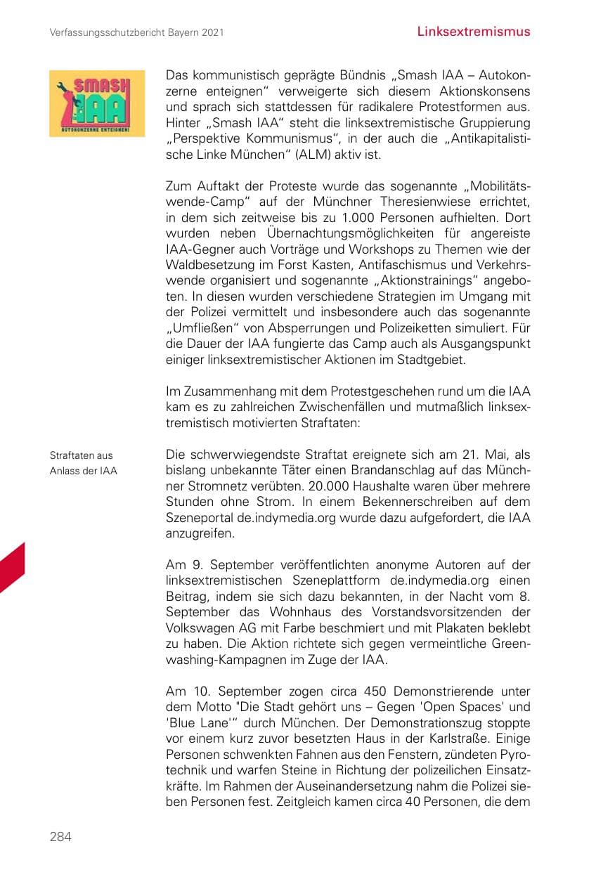 Seite 284 des Verfassungsschutzbericht 2021 Bayern