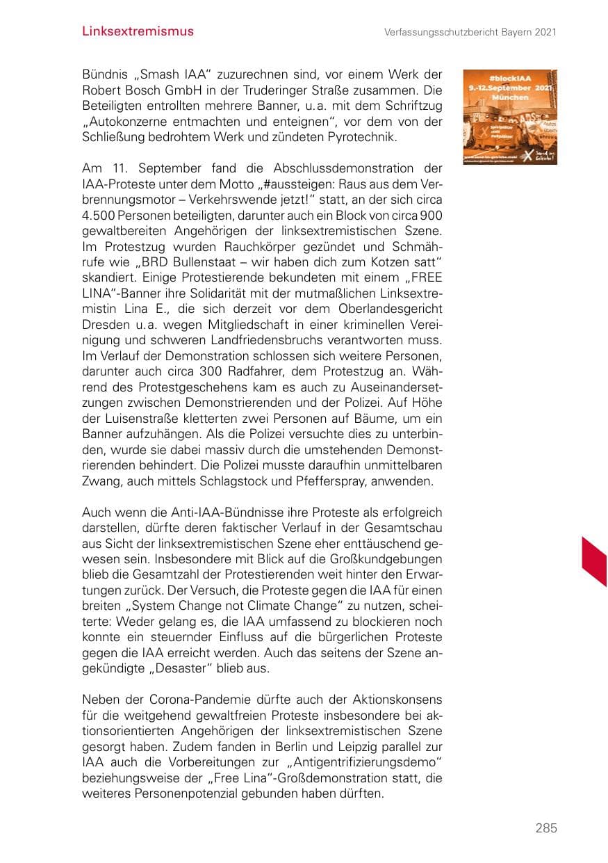 Seite 285 des Verfassungsschutzbericht 2021 Bayern