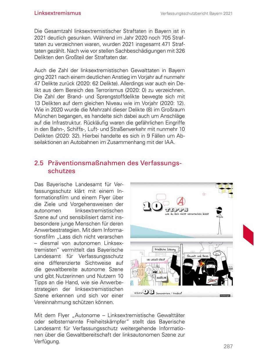 Seite 287 des Verfassungsschutzbericht 2021 Bayern