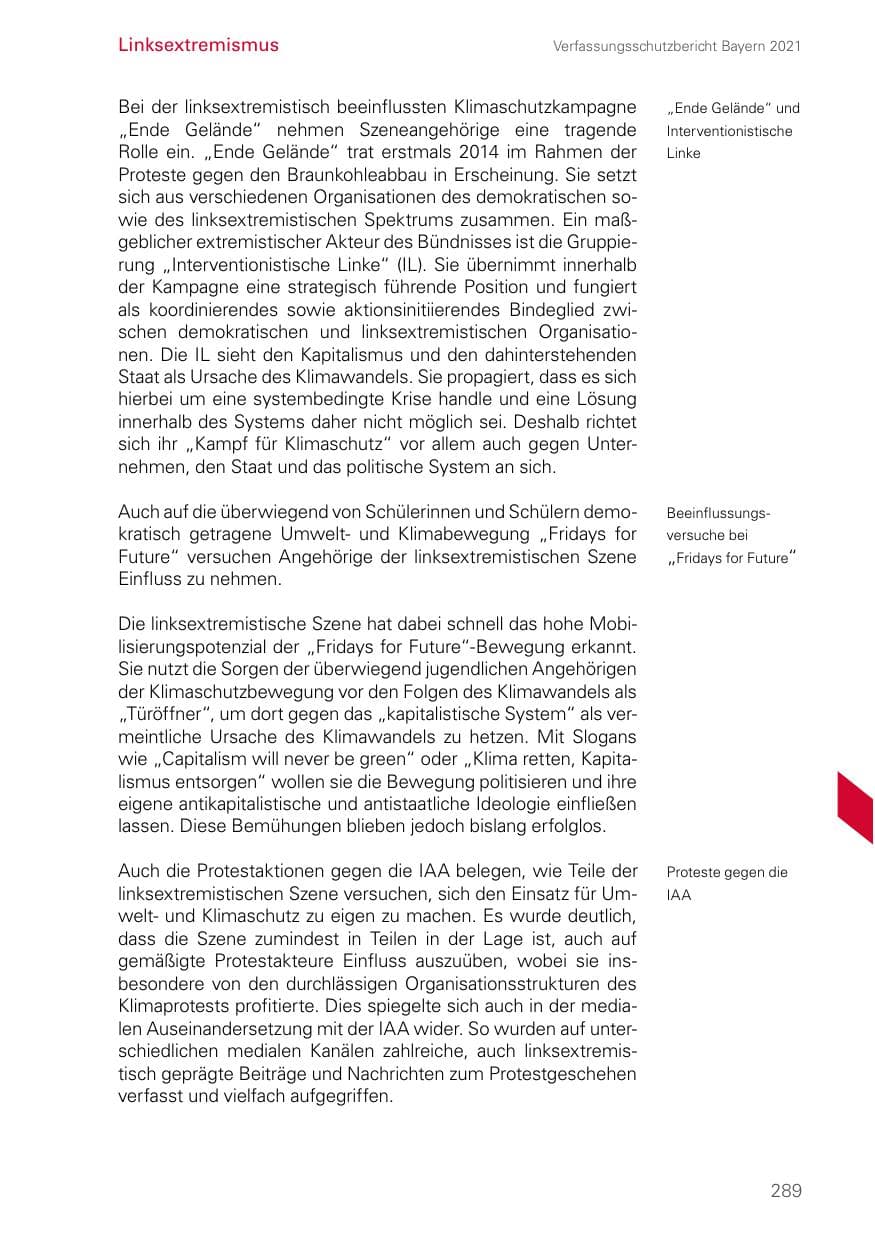 Seite 289 des Verfassungsschutzbericht 2021 Bayern