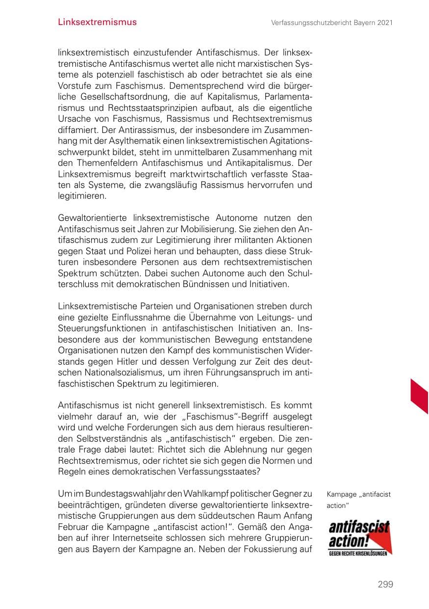 Seite 299 des Verfassungsschutzbericht 2021 Bayern