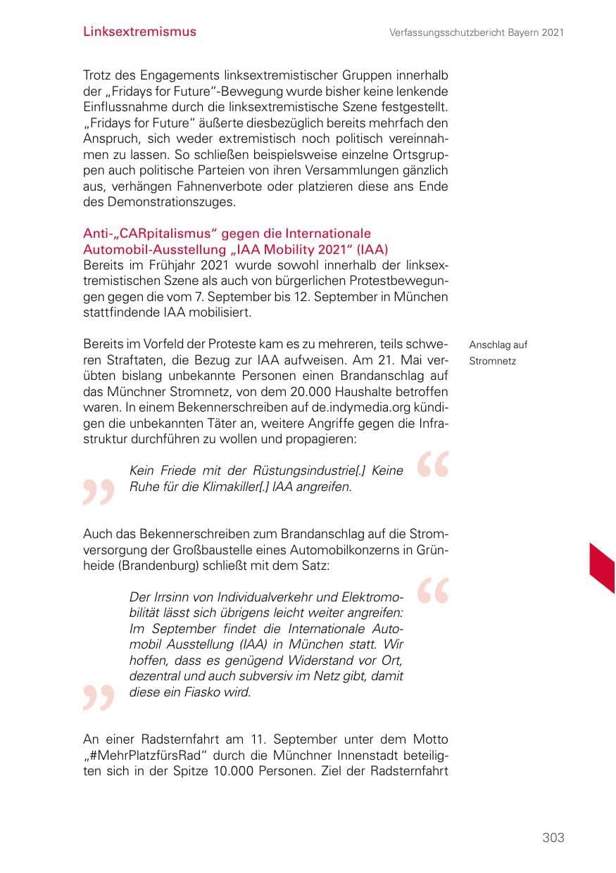 Seite 303 des Verfassungsschutzbericht 2021 Bayern
