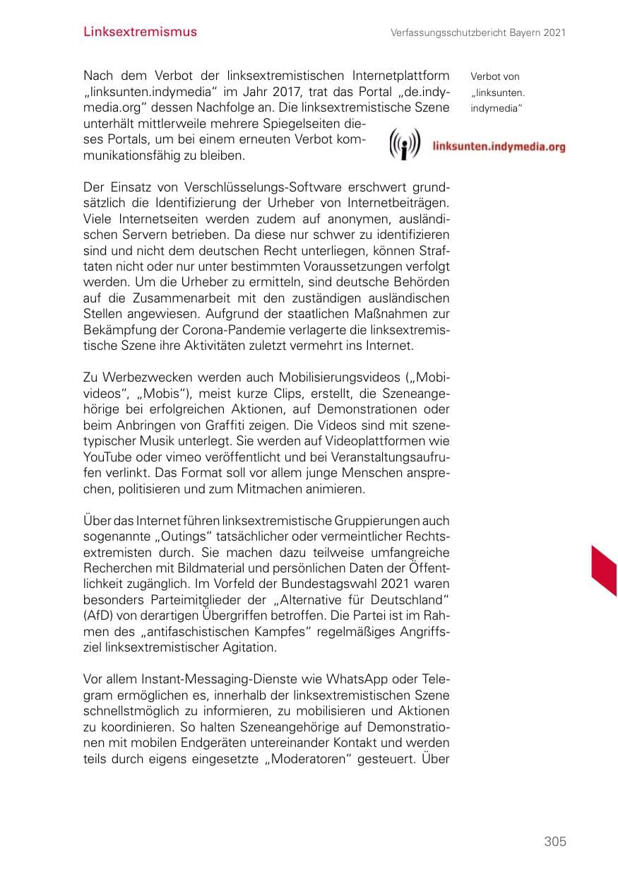 Seite 305 des Verfassungsschutzbericht 2021 Bayern