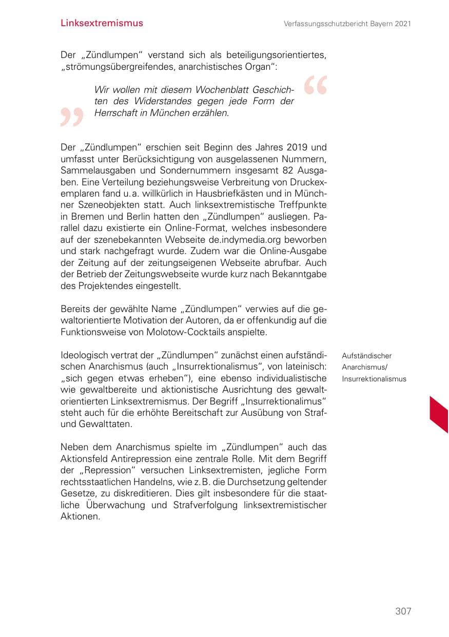Seite 307 des Verfassungsschutzbericht 2021 Bayern