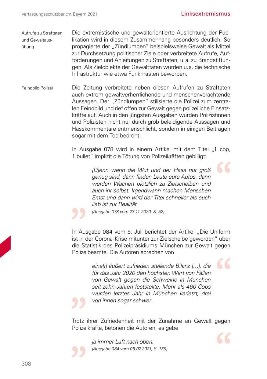 Seite 308 des Verfassungsschutzbericht 2021 Bayern