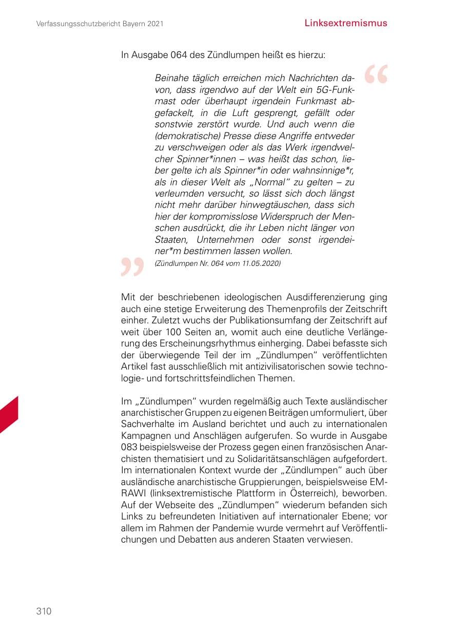 Seite 310 des Verfassungsschutzbericht 2021 Bayern