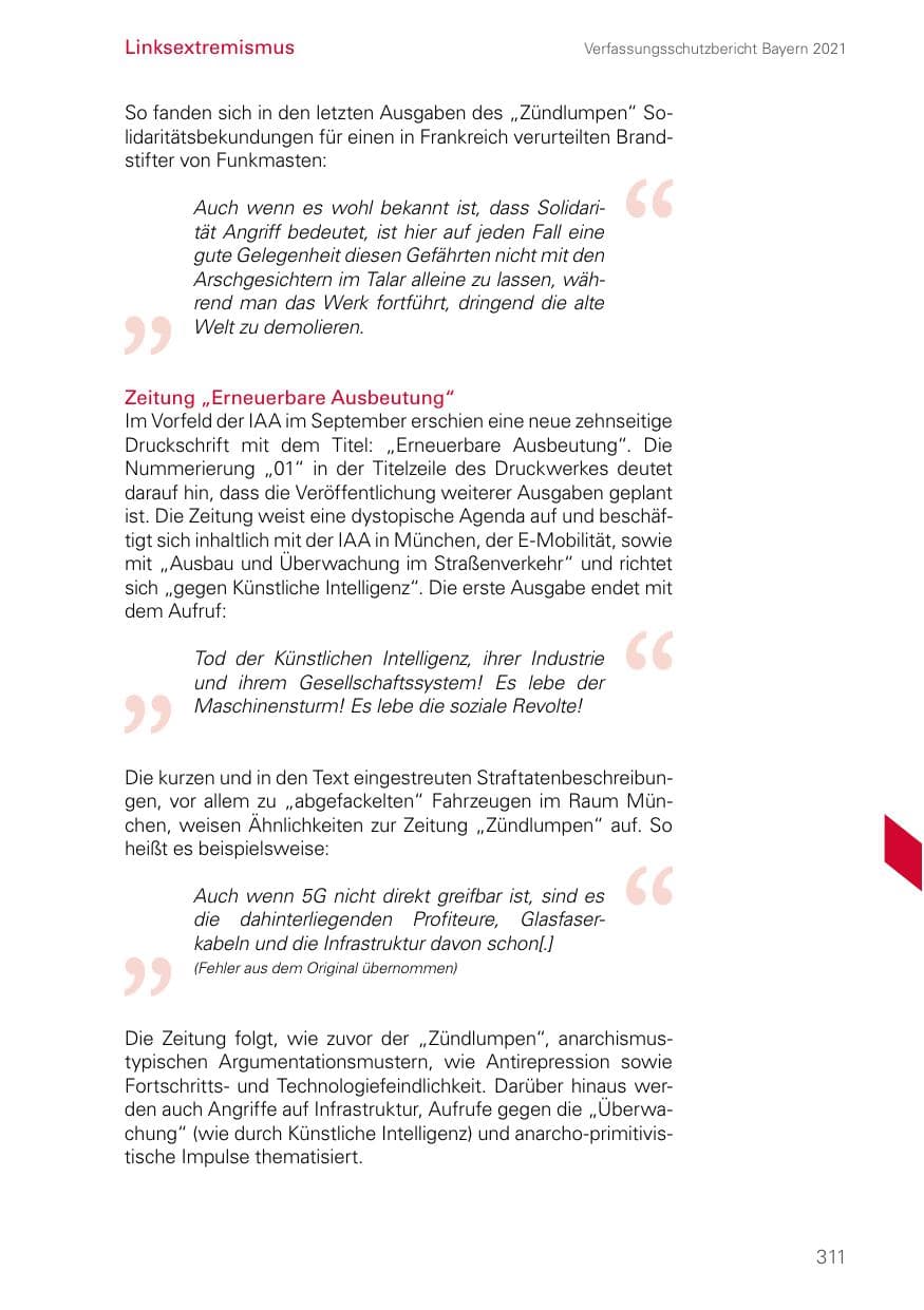 Seite 311 des Verfassungsschutzbericht 2021 Bayern
