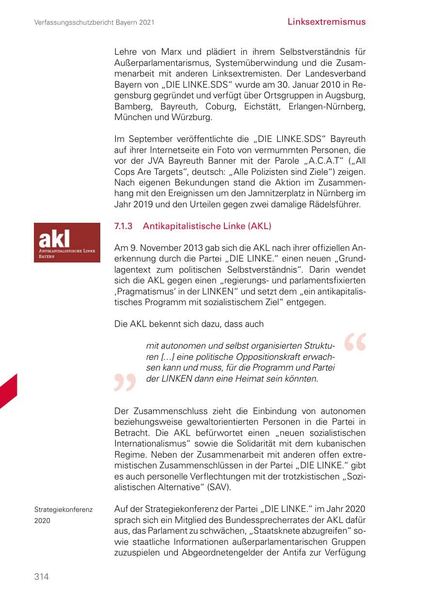 Seite 314 des Verfassungsschutzbericht 2021 Bayern
