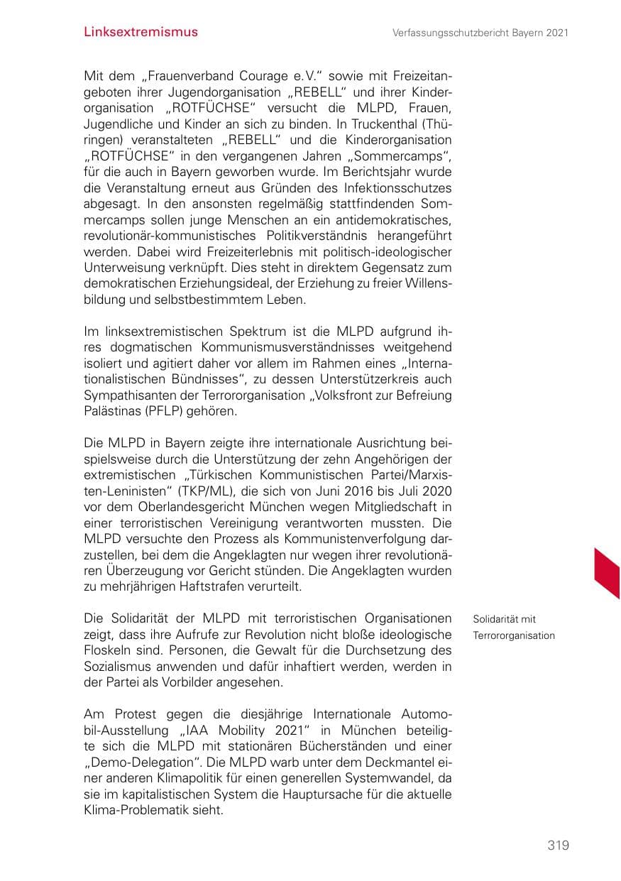 Seite 319 des Verfassungsschutzbericht 2021 Bayern