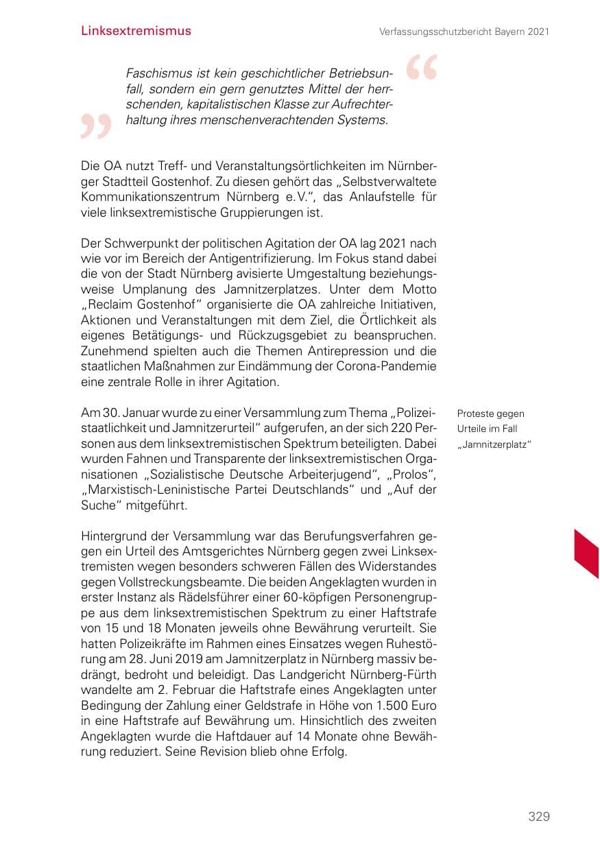 Seite 329 des Verfassungsschutzbericht 2021 Bayern