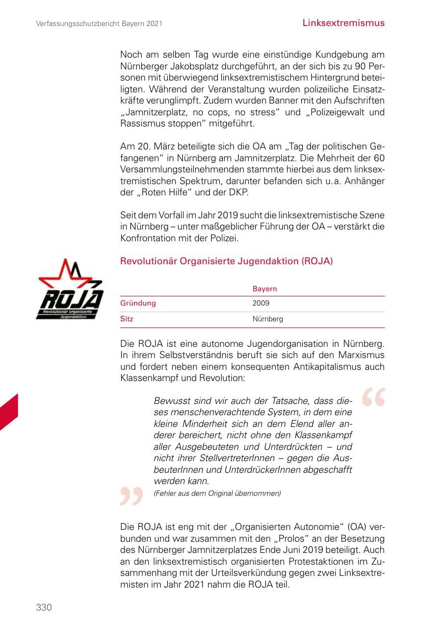 Seite 330 des Verfassungsschutzbericht 2021 Bayern
