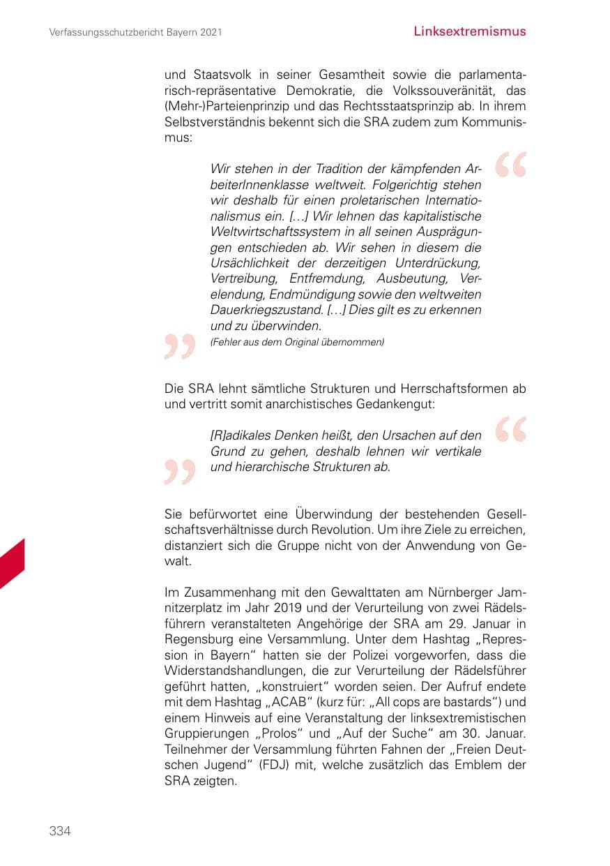 Seite 334 des Verfassungsschutzbericht 2021 Bayern