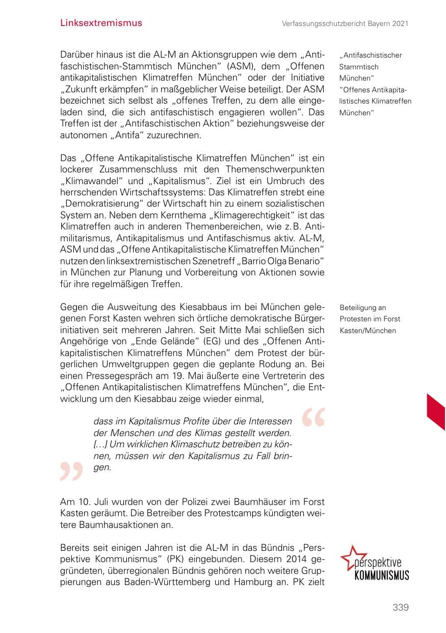 Seite 339 des Verfassungsschutzbericht 2021 Bayern