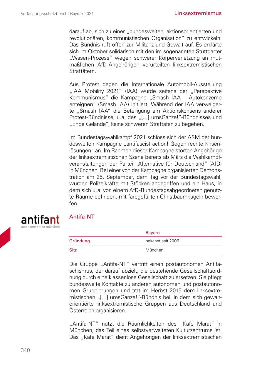Seite 340 des Verfassungsschutzbericht 2021 Bayern