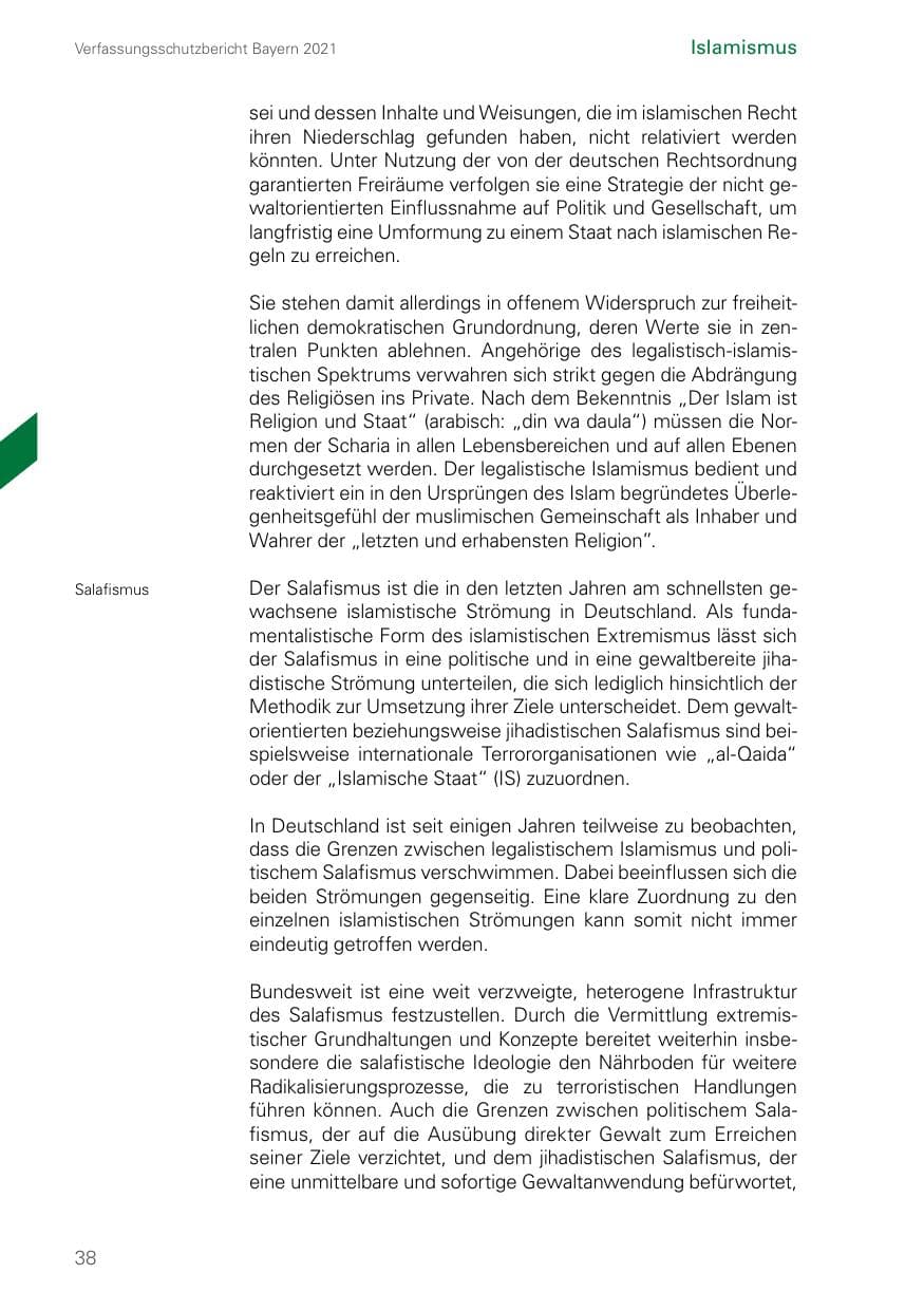 Seite 38 des Verfassungsschutzbericht 2021 Bayern