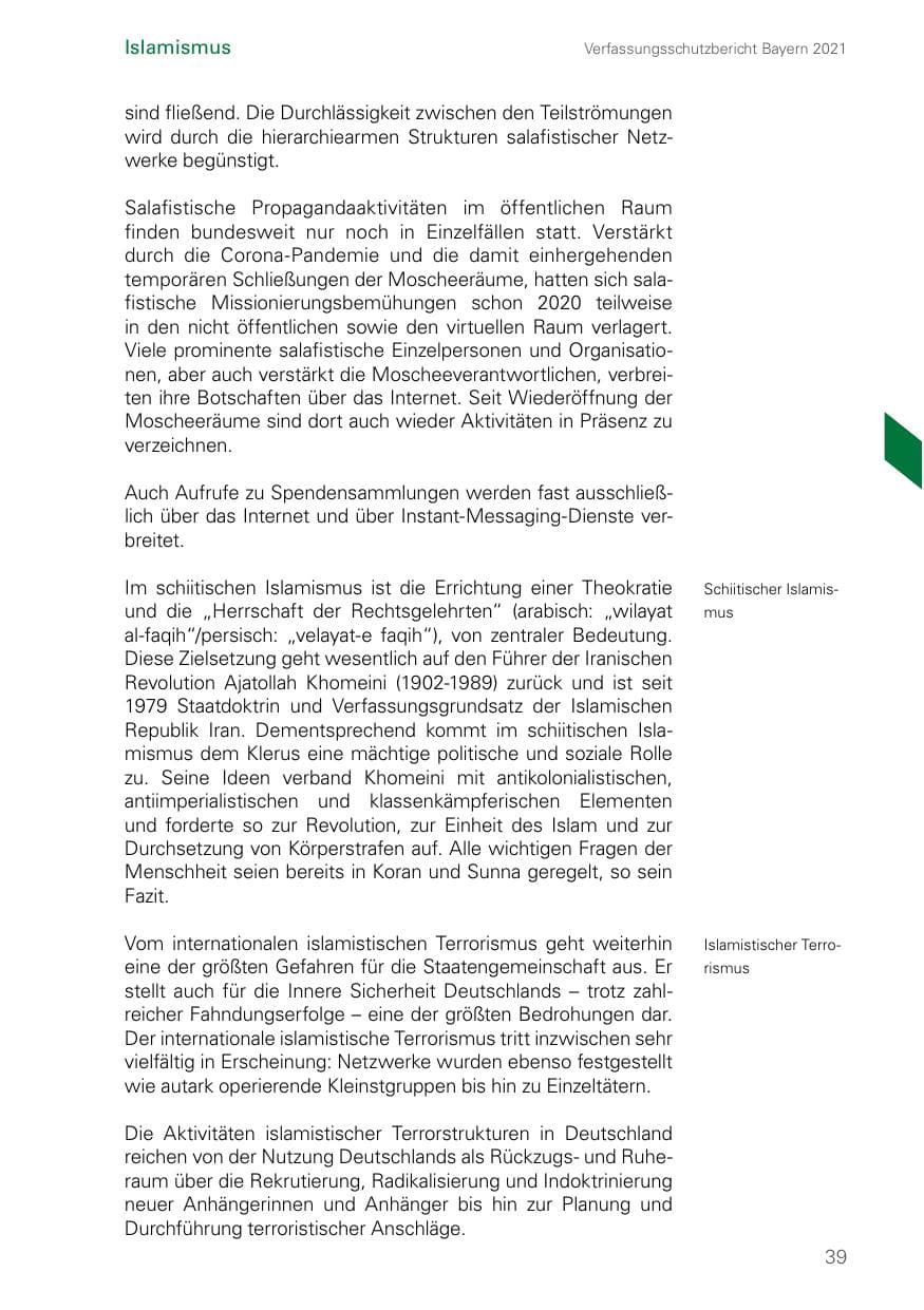 Seite 39 des Verfassungsschutzbericht 2021 Bayern