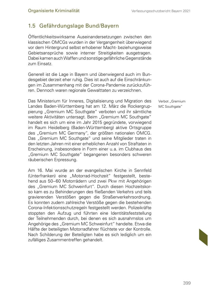Seite 399 des Verfassungsschutzbericht 2021 Bayern