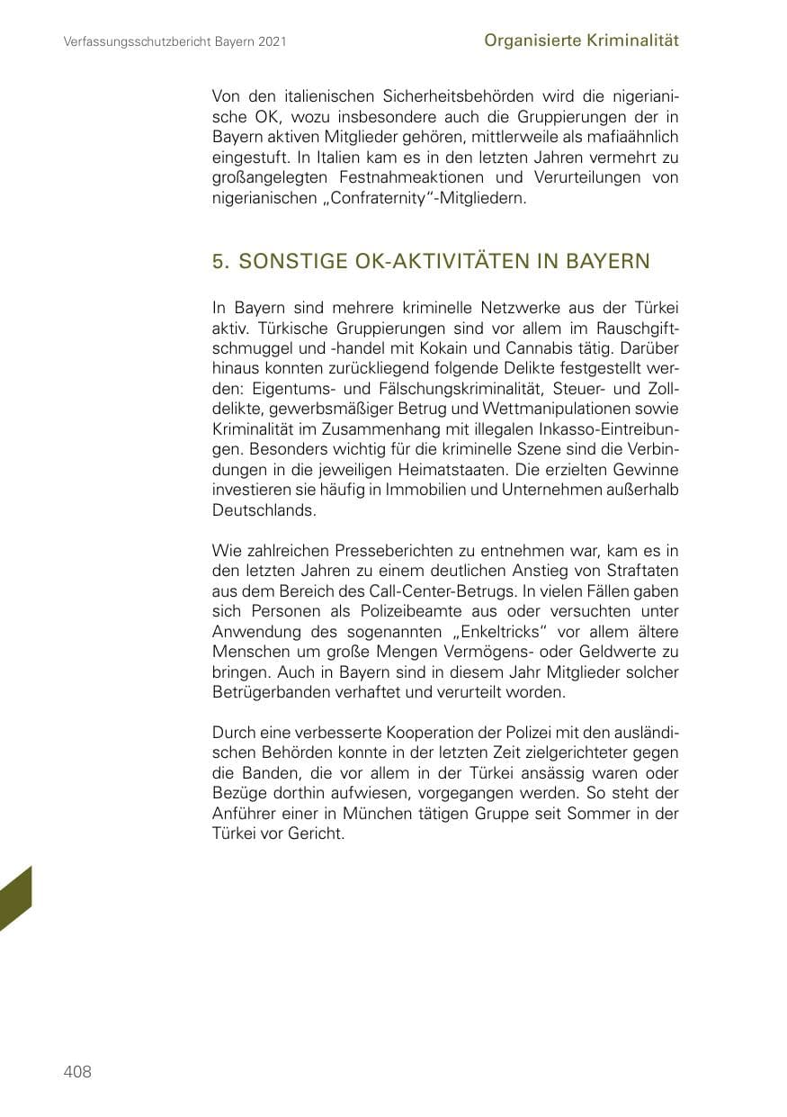 Seite 408 des Verfassungsschutzbericht 2021 Bayern