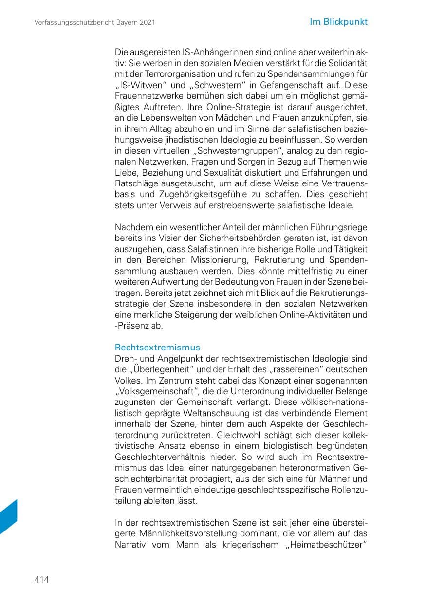 Seite 414 des Verfassungsschutzbericht 2021 Bayern