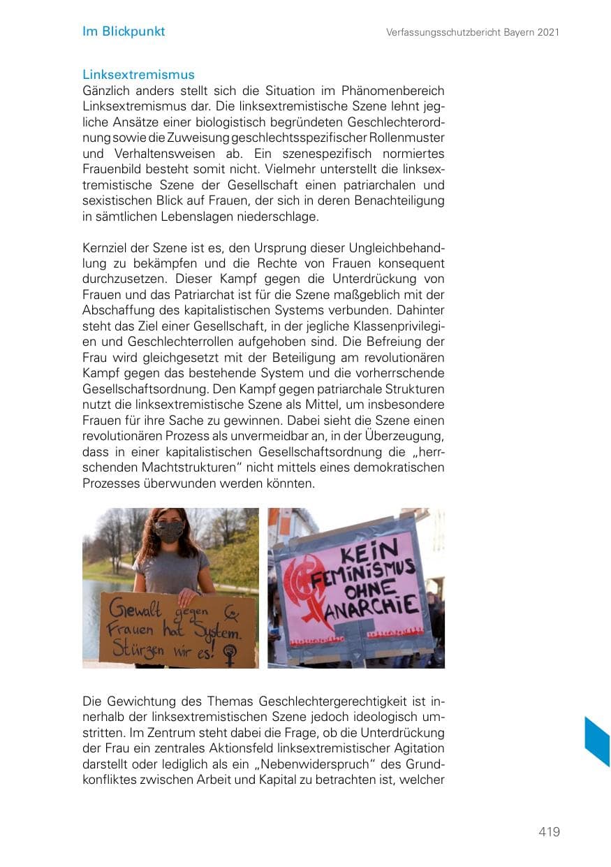 Seite 419 des Verfassungsschutzbericht 2021 Bayern